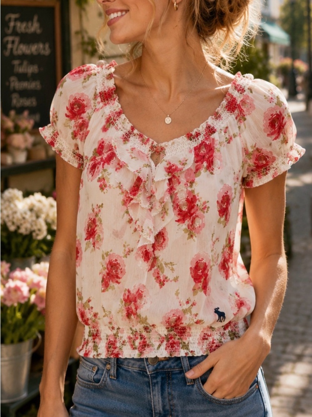 Abercrombie & Fitch Floral Ruffle Sheer Chiffon Smocked Blouse Top S NWOT